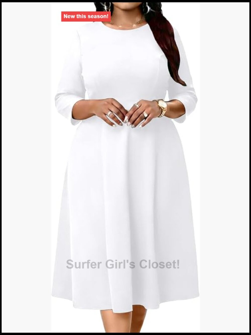 Plus Size Midi Dress Classy High Waist Wedding Guest A-Line Swing 3/4 Sleeve